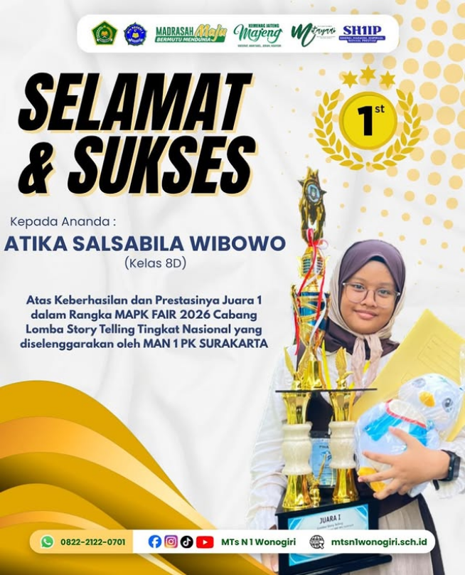 Atika Salsabila Wibowo Raih Juara 1 Storytelling Tingkat Nasional, Harumkan Nama MTsN 1 Wonogiri!